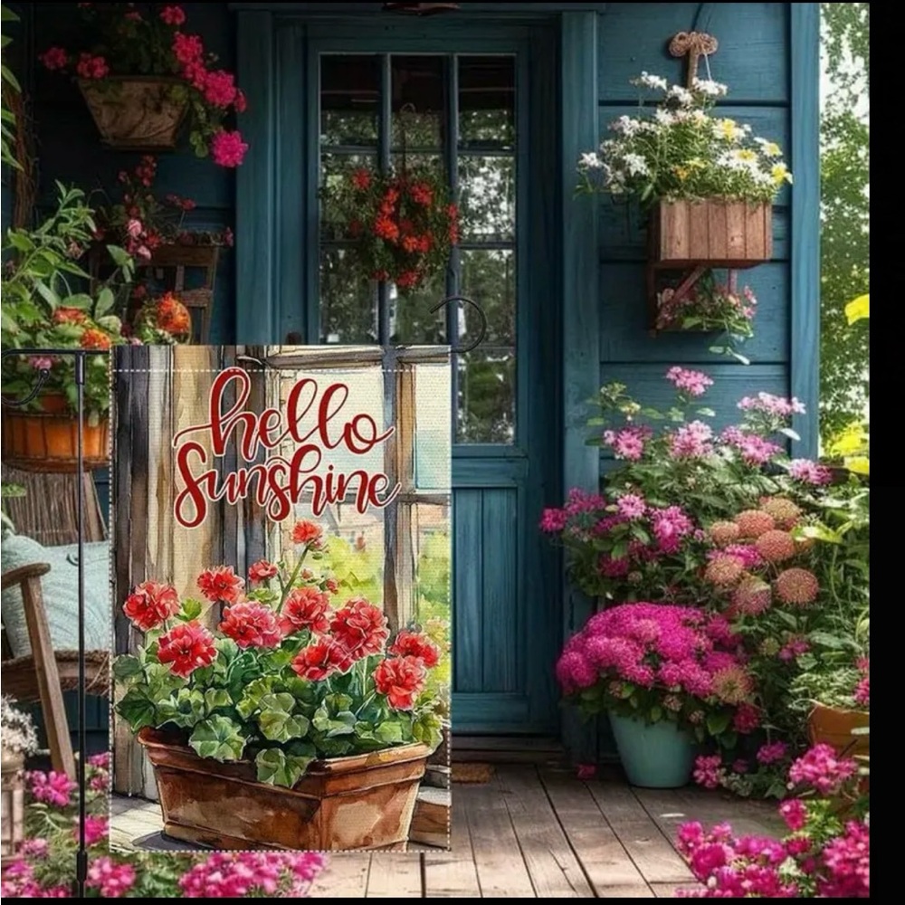 Hello Sunshine Garden Flag with Red Geranium Flowers 12 x 18